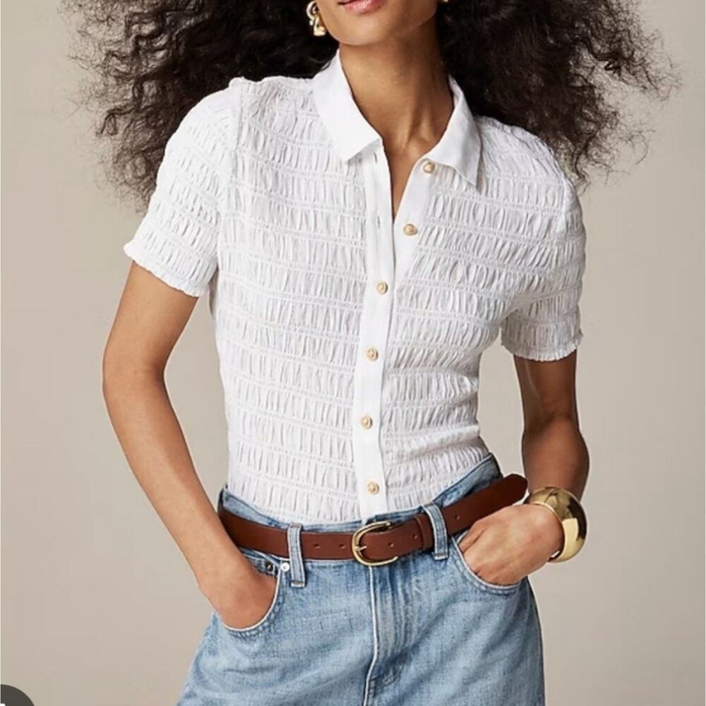 Women's J.Crew White Smocked Top XS Preppy Gold Buttons Sort Sleeve Business